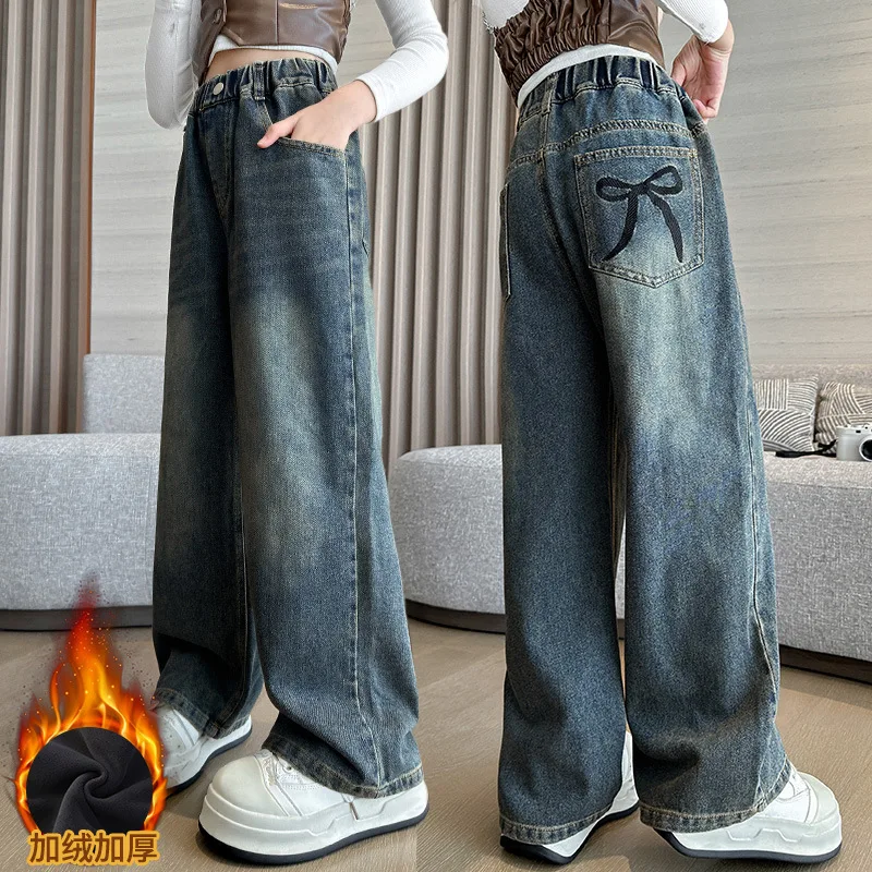 

Прямые джинсы на флисовой подкладке для девочек, толстые теплые широкие брюки, осень-зима, детские свободные брюки, детские корейские брюки