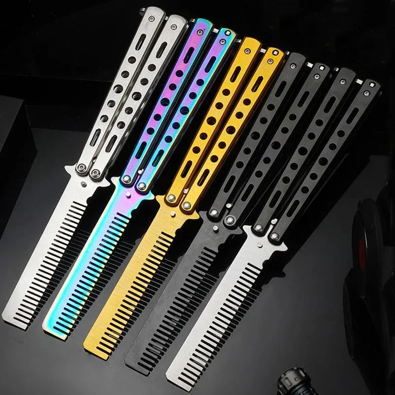 1PC Foldable Comb Stainless Steel Practice Training Butterfly Knife Comb Beard Moustache Brushe Salon Hairdressing Styling Tool