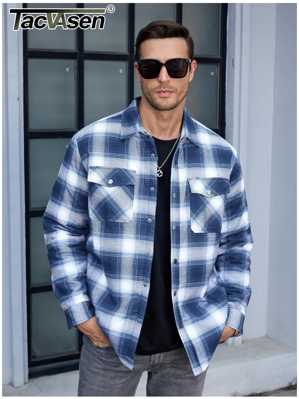 

TACVASEN Winter Plaid Cotton Jackets Mens Long Sleeve Quilted Lined Flannel Shirt Jacket Multi-Pockets Outwear Hiking Coats Tops