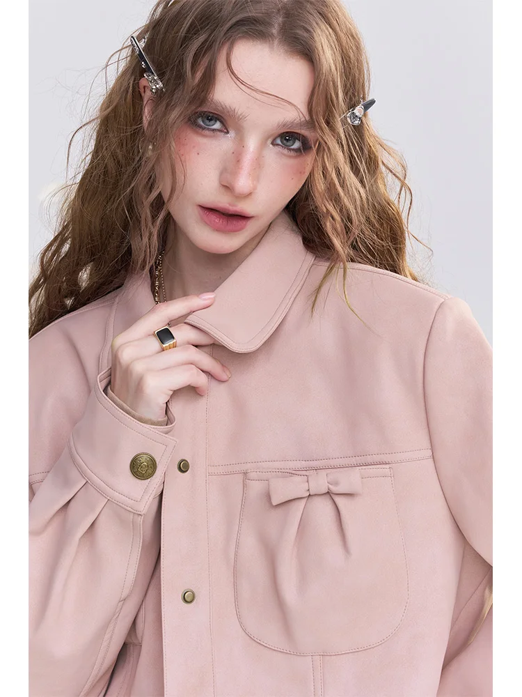 女性用スイートショートPUレザージャケット、3Dバタフライノット、マット仕上げ、秋用アウター、ティーン向け、レギュラー丈