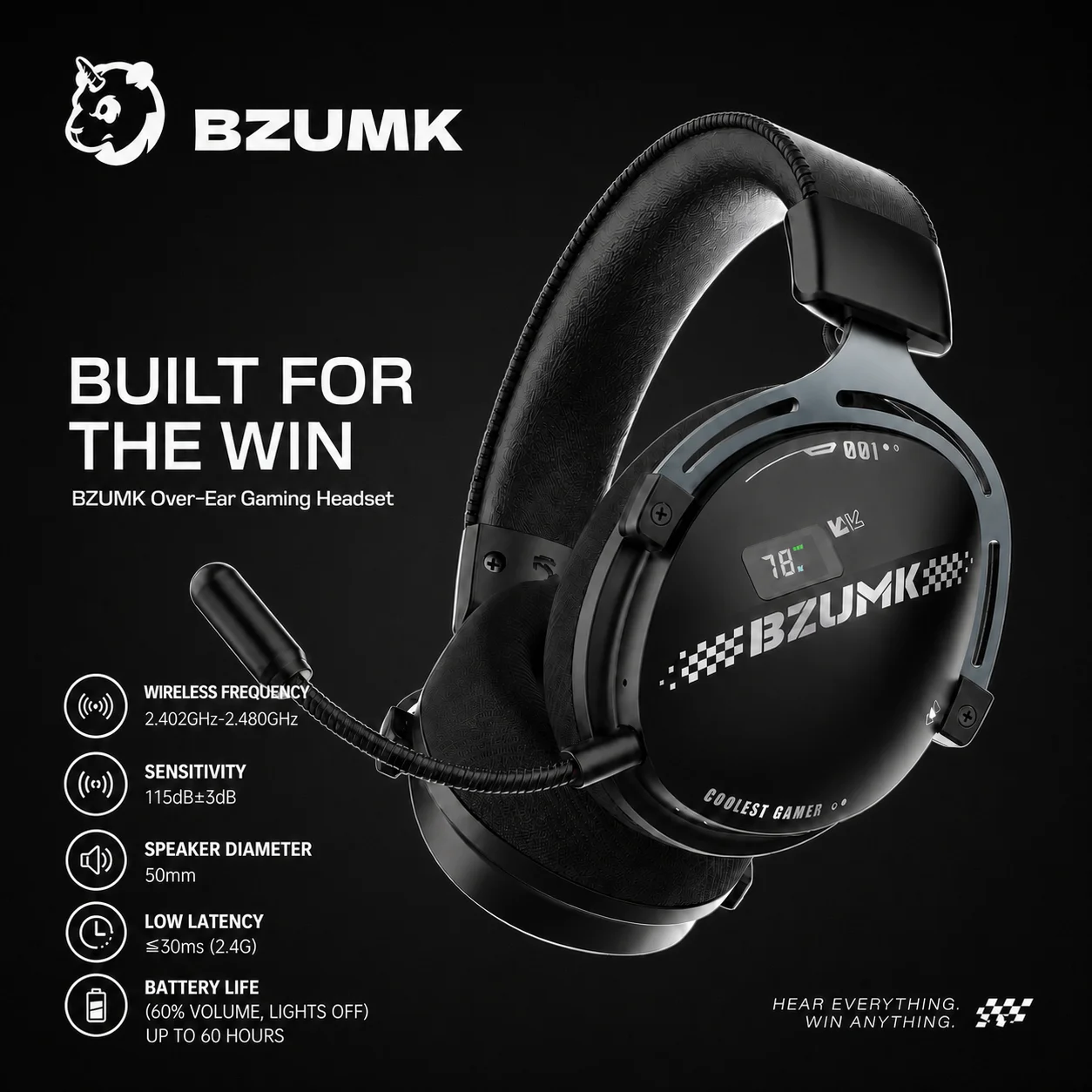 BZUMK, fones de ouvido sem fio para jogos com baixa latência, modelo 2.4G, com design supra-auricular, driver de 50 mm e microfone removível, compatível com PC, PS5, PS4 e laptops.