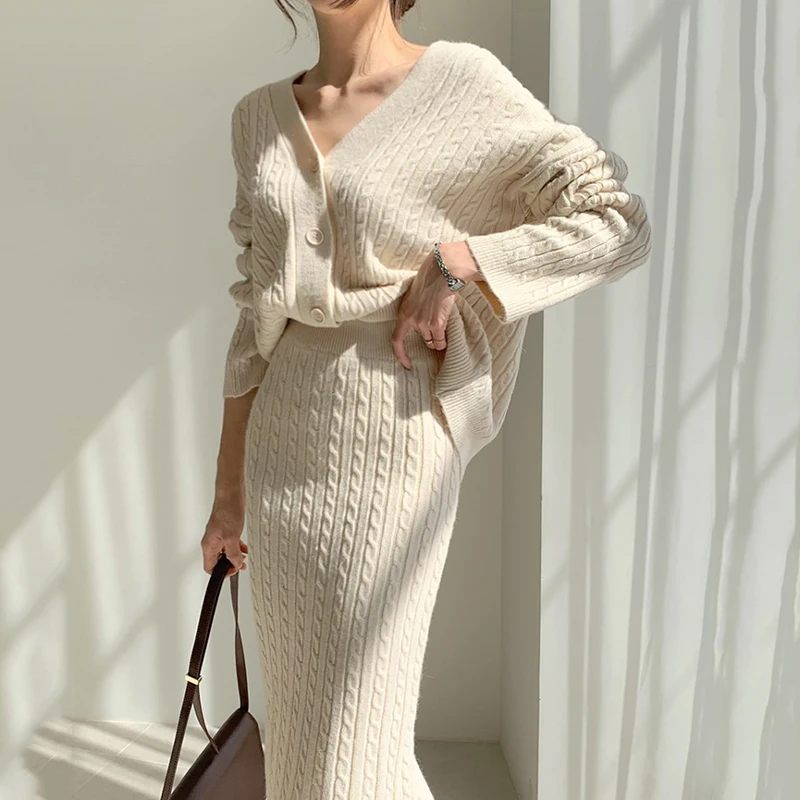 

Autumn Winter Women's Fashion Knitted Knee Skirt 2 Piece Sets Elegant Solid Color V Neck Sweaters and High Waist Hip Skirts Suit