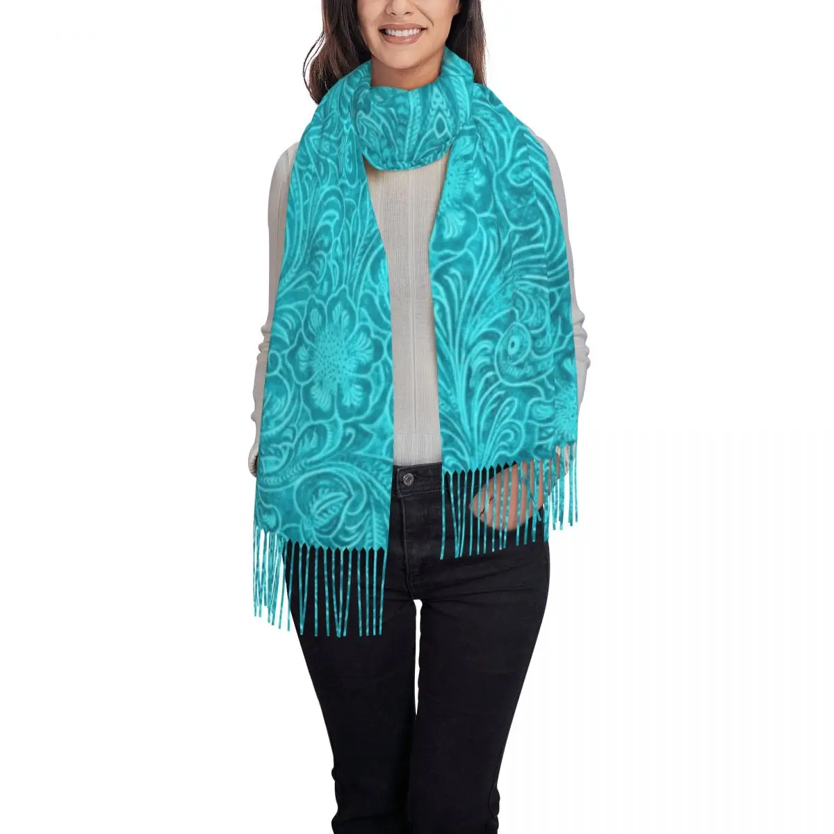 Fashion Turquoise Leather Texture Look Tassel Scarf Women Winter Warm Shawl Wrap Ladies Embossed Floral Pattern Scarves