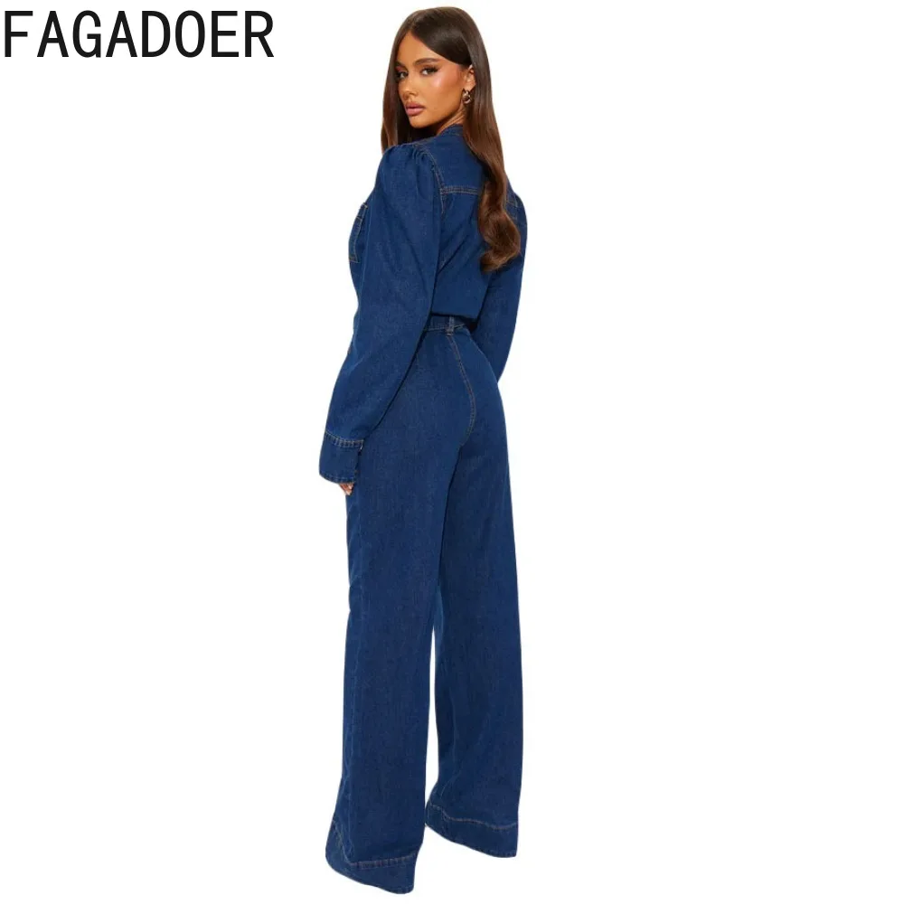 FAGADOER موضة الدنيم المرقعة Bodycon حللا للمرأة بلون طويل الأكمام جيب السروال القصير الإناث الشارع الشهير وزرة #4