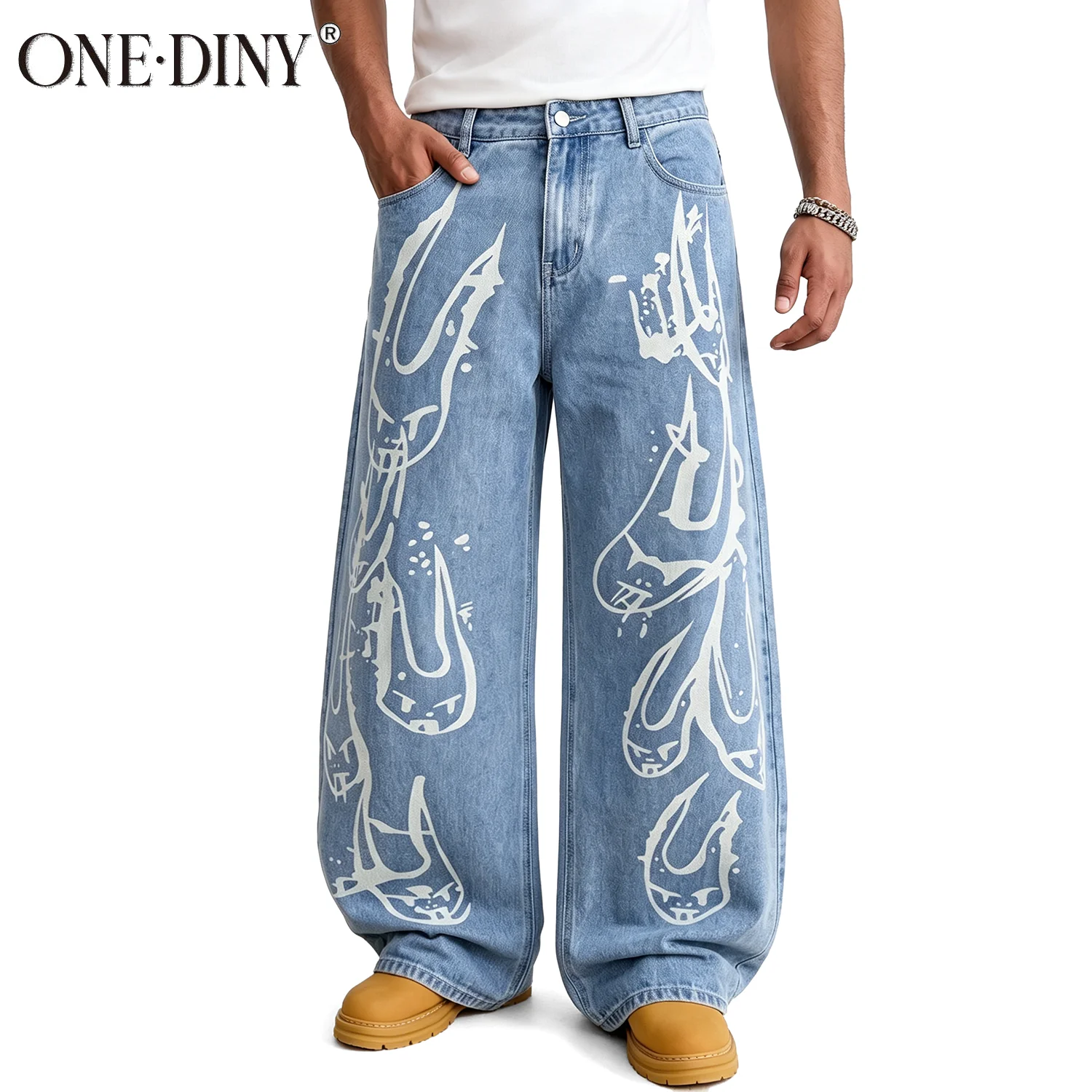ONE·DINY Men's Y2K Gothic Graffiti Print Baggy Ultra Wide Leg Jeans Hip Hop Streetwear Loose Casual Skater Denim Pants Unisex