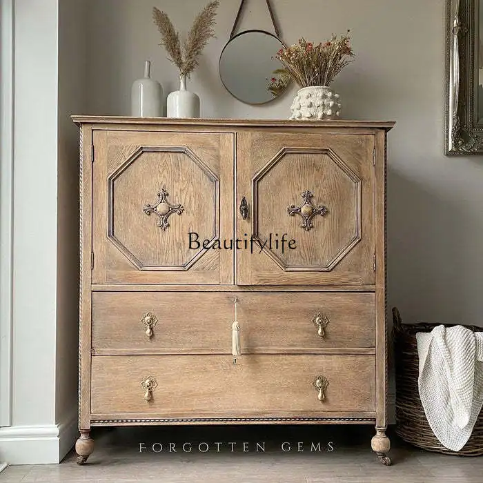 

French Solid Wood Retro Distressed Entrance Cabinet American Entrance Foyer Storage Sideboard Cabinet