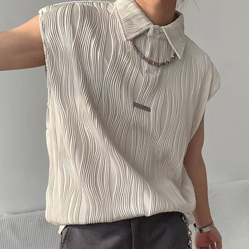 Wrinkled Waves Men Sleeveless Polo T Shirt Button Metal Personality Tank Summer Fashion Harajuku Oversized Clothing Punk Hip Hop