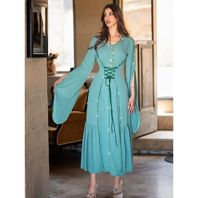 

Faionable Dubai Drill Sewn Long Robe Dr Этническое платье с высокой талией Bell Sve для женщин Осенний сезон Ci Walk Dr
