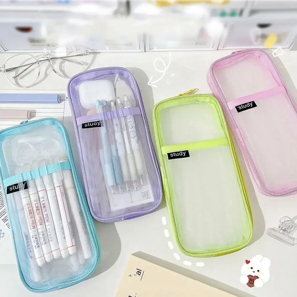 Cute Candy Color Transparent Mesh Pen Bag  Large Capacity Pencil Case Creative Stationery Storage Pouch Learning Office Supplies