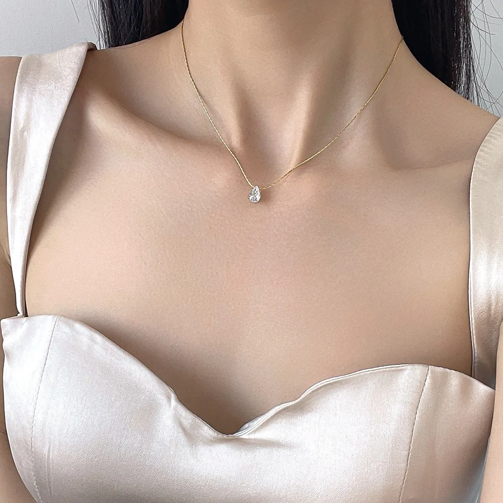 Stainless Steel Classic Gold Color Water Drop Zircon Pendant Necklace for Women Temperament Korea Chokers Jewelry Gift Colorfast