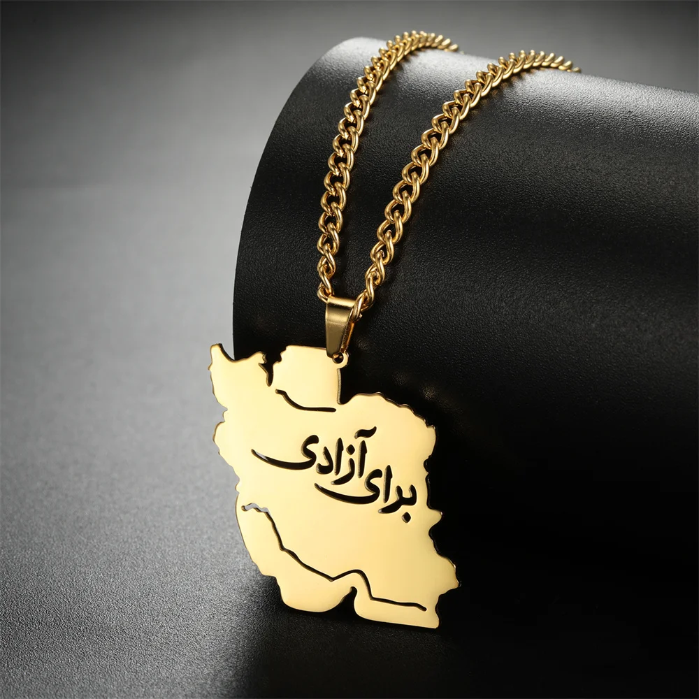 Jeshayuan Woman Life Freedom Iran Map Necklace Arabic Letter Pendant Chain Choker Necklace Stainless Steel Jewelry collar hombre