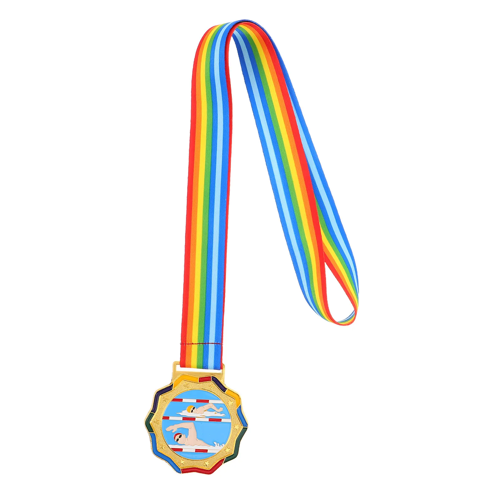 

Award Medal for Swimming Competition Gold Trophy with Ribbon First Place Recognition for School Sports Achievements