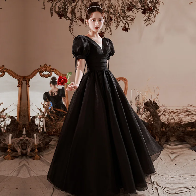 Summer Banquet Evening Dress Skirt Female Green Black Puff Sleeve Waist Elegant French Court Style Long Dress New Style