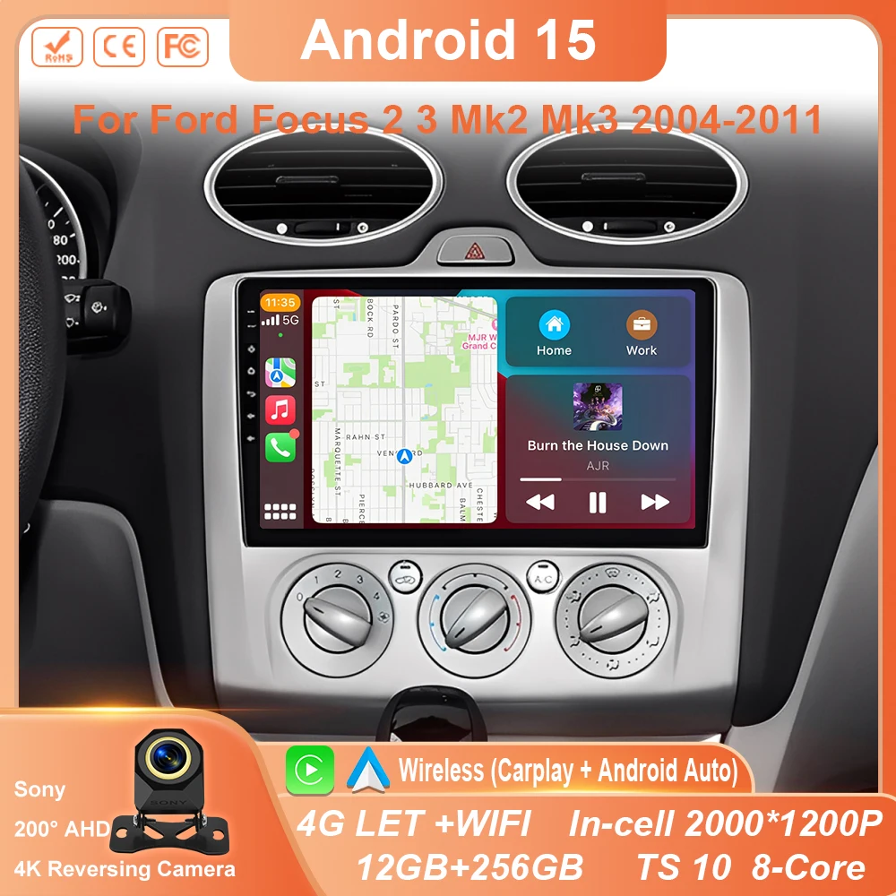 

Android 15 Wireless CarPlay Auto For Ford Focus 2 3 Mk2 Mk3 2004-2011 4G+WIFI Car Radio Multimedia Stereo Player GPS 360 Camera