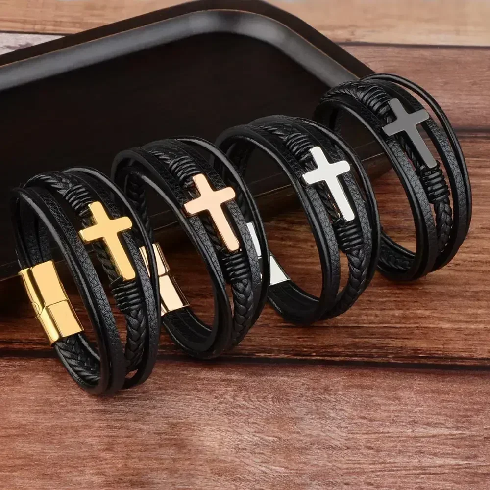 2024 New Genuine Leather Cross Bracelet for Men Stainless Steel Magnet Clasp Braid Multilayer Homme Bracelets Men Gift Jewelry