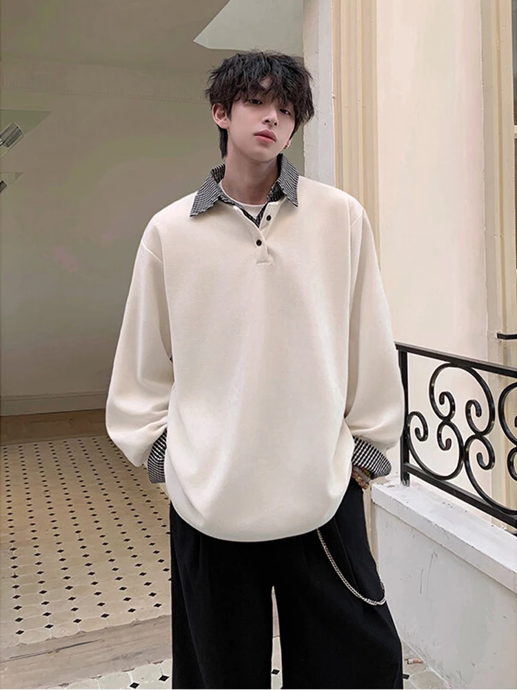 

American Sle Fake Two-Piece Sweatirt Men's Spring Autumn New Korean Version Color Blo Loose Trendy irt Top