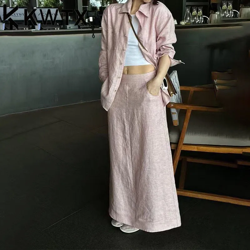 

KWTX 2025 Spring Linen Two-Piece Set Shirt Top & Skirt Single Breasted Elegant Luxury Chic Casual Quality Designer Outfit