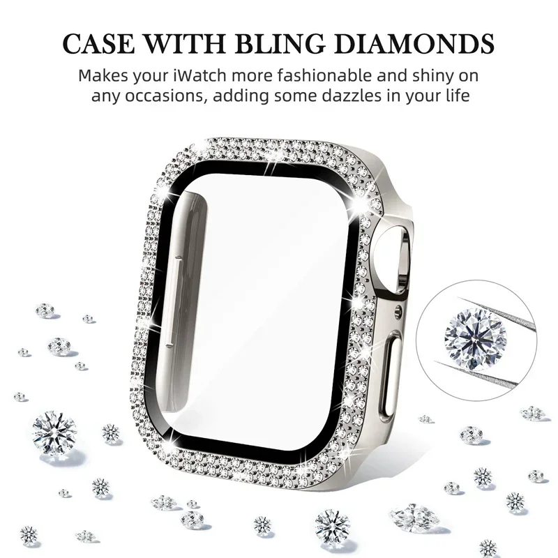 Bling Glass+Cover For Apple Watch Case 44mm 45mm 41mm 40mm 42mm 44 mm Diamond bumper+Screen Protector iwatch series 9 8 7 5 6 SE image 5