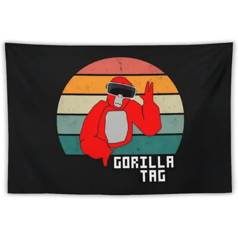 Vintage Gorilla Label Tapestry with Retro Sunset Background, Creating Playful Room Decor and Surrounding Quality Life Around You