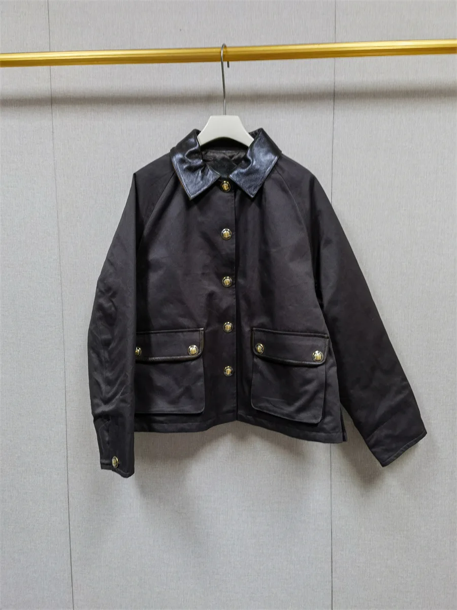 

Women's Cotton Jaet with Leather Collar Patchwork Diamond Pattern Workwear Sle Spring Autumn Seasonal ort Coat