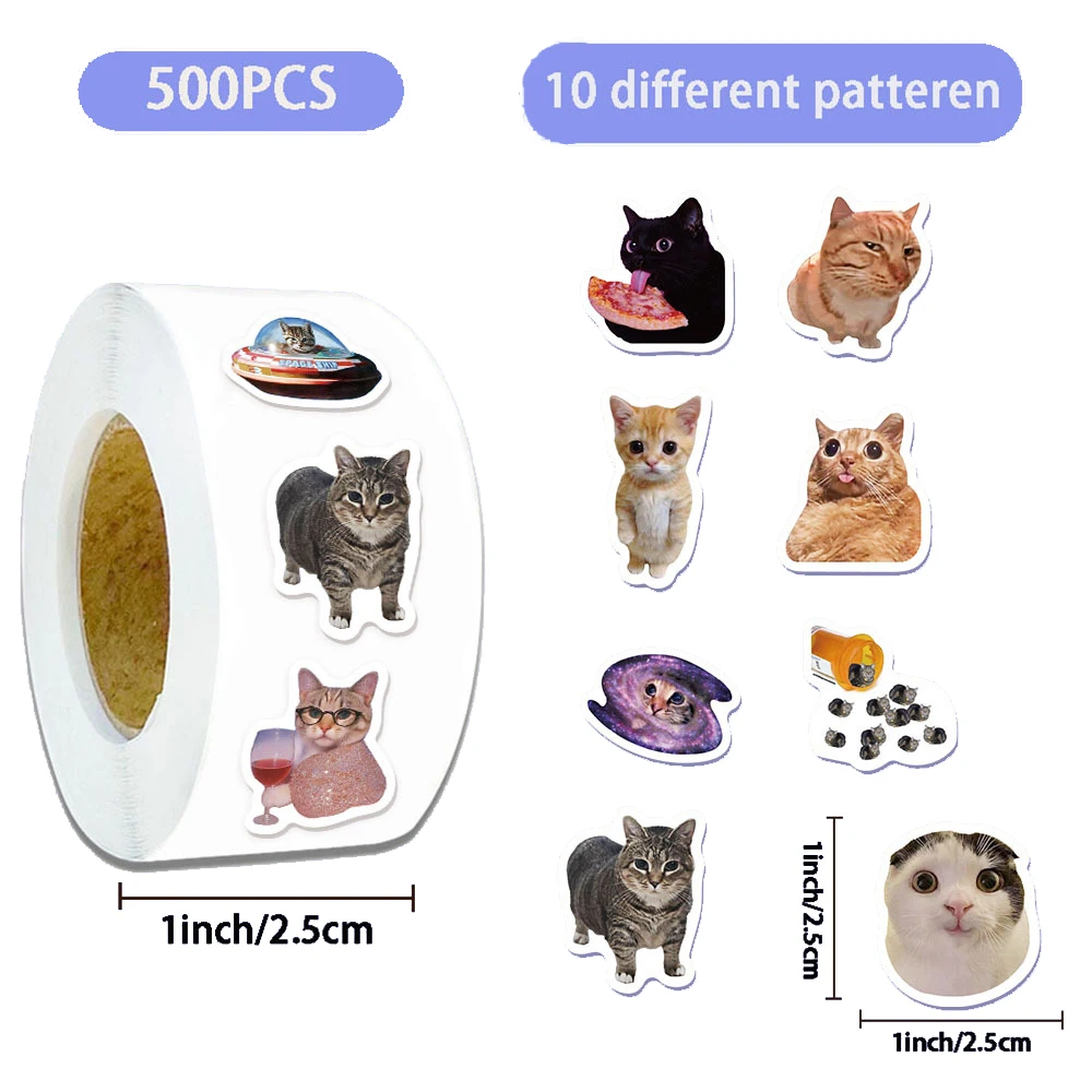 

500pcs/roll Funny Cute Cat Meme Sealing Stickers Cartoon Kids Reward Sticker Gift DIY Luggage Laptop Phone Graffiti Decals Decor