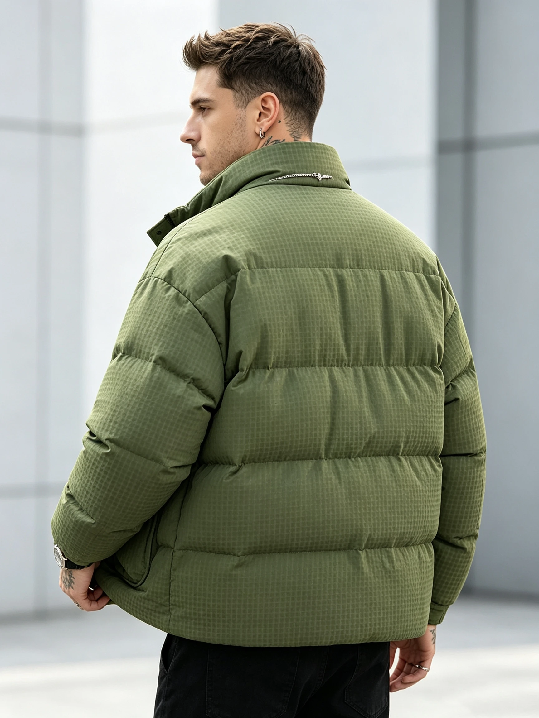 Men's Stand Collar Puffer Jacket Reversible Houndstooth Liner Warm Winter Coat Multi Cargo Pocket Casual Outerwear