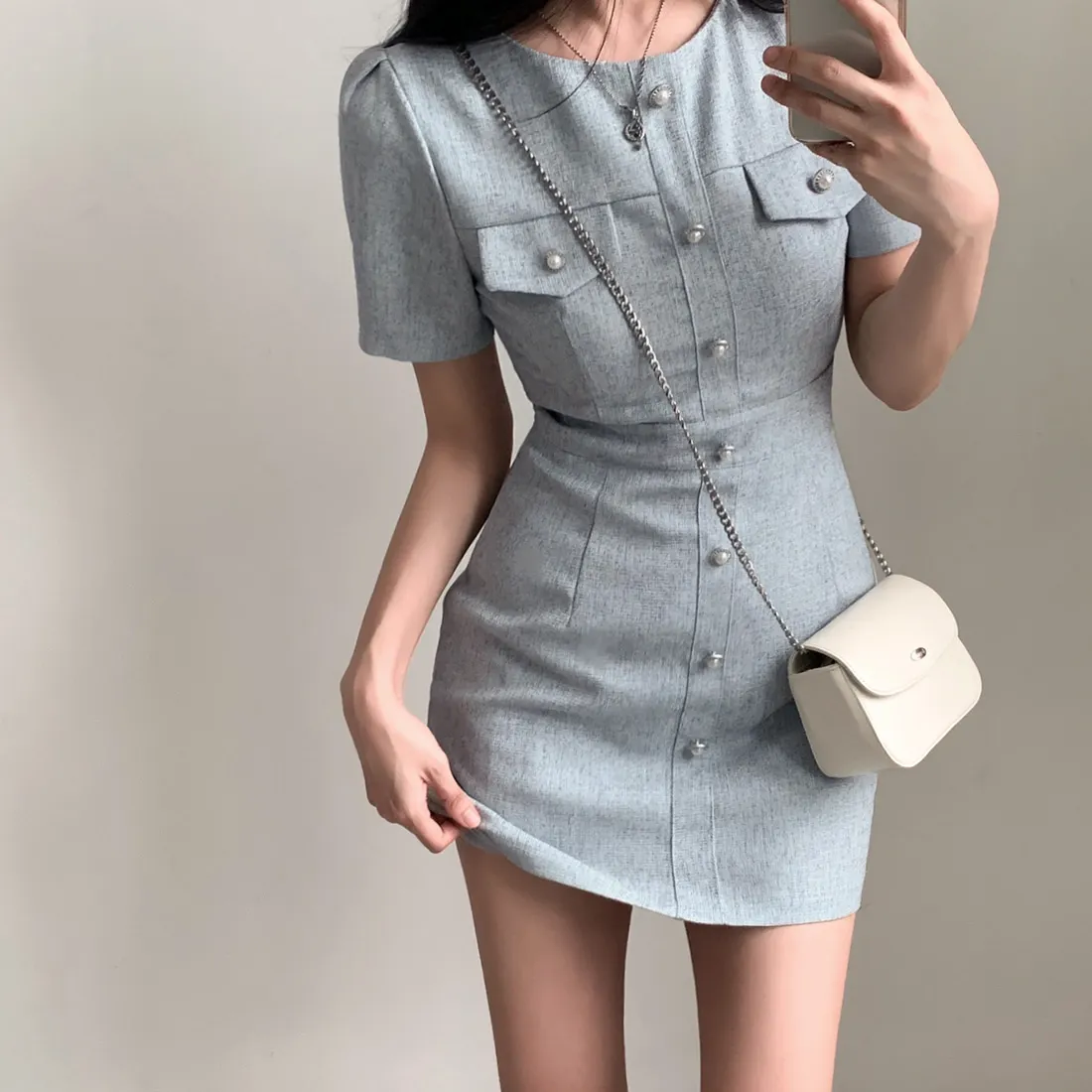 Elegant summer top mini dress women's high-end feeling rough sleepy bubble sleeve social style dress S