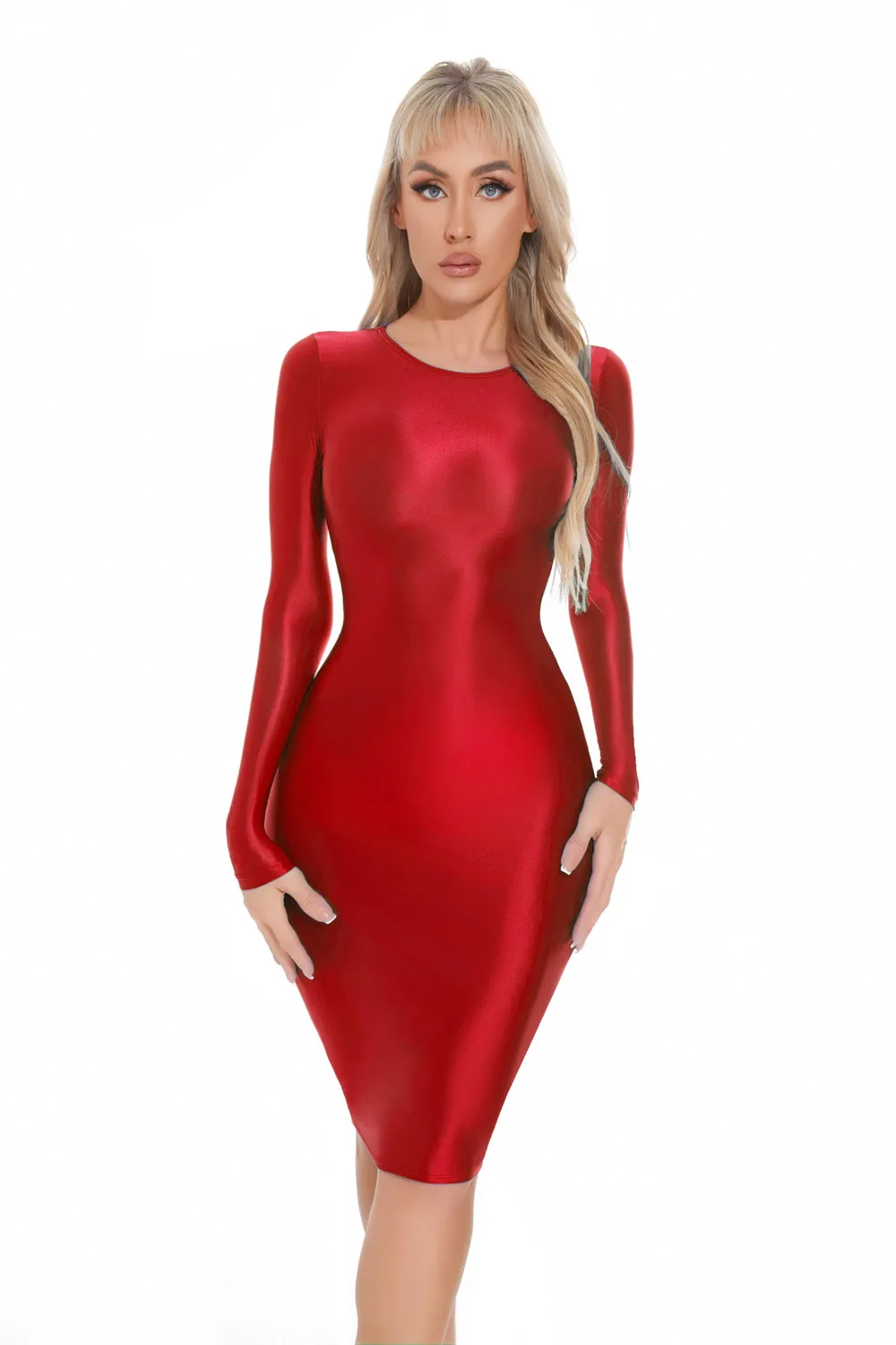 M XL Langarm Glänzendes Midi-Kleid Strumpfhosen-Paket Hüftminirock Sexy Clubwear Vestido Bodycon-Kleider Bodystocking Robe – Detail 16