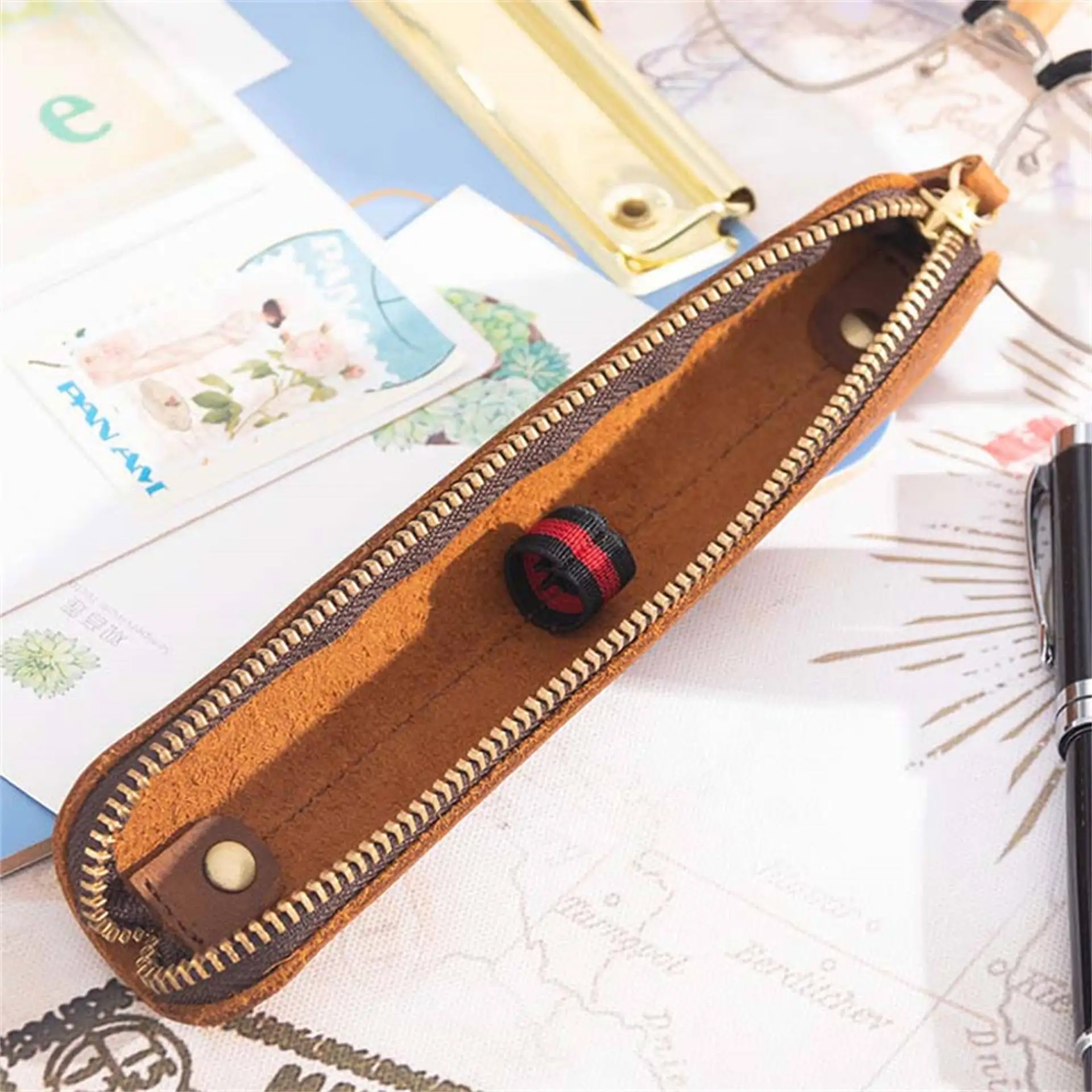 Genuine Leather Zipper Pen Bag Mini Small Pencil Case Apple Electronic Writing Pen Protective Sheath Creative Vintage Style