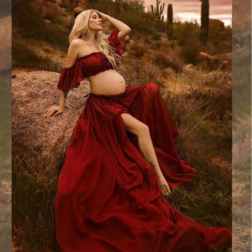 Vestido de maternidad de gasa para sesión de fotos, vestido largo semitransparente con volantes y hombros descubiertos para embarazo, vestido de fotografía para mujer