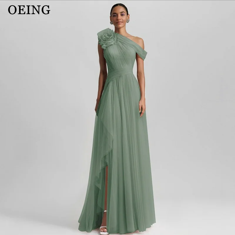 

OEING Elegant A-Line Green Prom Dress One Shoulder Side Slit Flower Floor Length Evening Party Dress Gala vestidos Customized