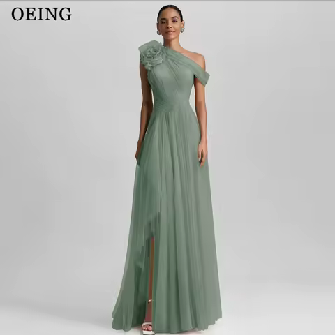 OEING Elegant A-Line Green Prom Dress One Shoulder Side Slit Flower Floor Length Evening Party Dress Gala vestidos Customized