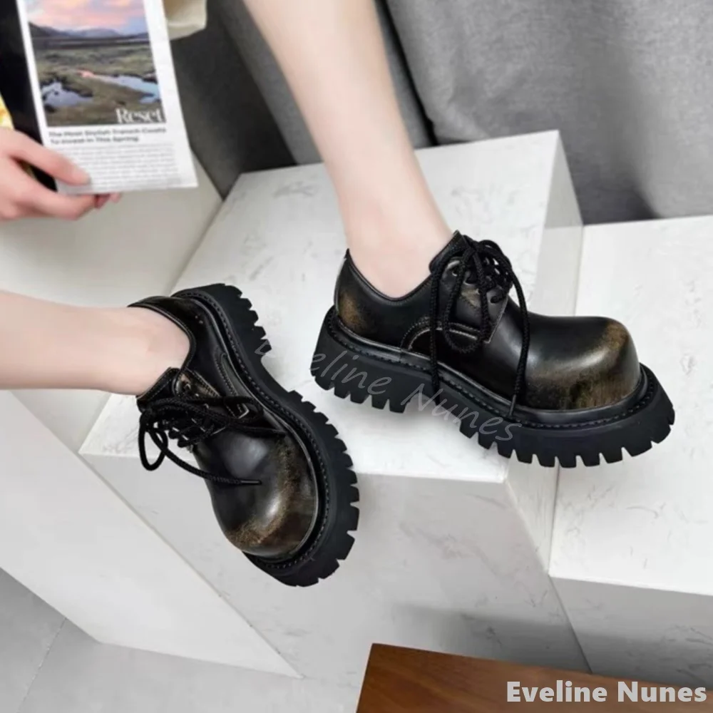 Raised Toe Rubbed Color Retro Leather Loafers Women/men Big Toe Thick Sole Chunky Heel Couple Shoes 2025 Fashion Casual Shoes