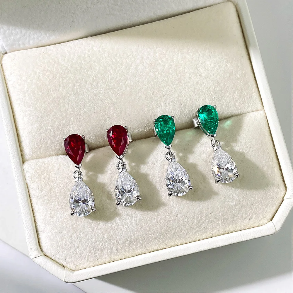 

Halaile 1.5ct Moissanite And Lab-Grown Stud Earrings Women S925 Silver Zambian Emerald/Ruby Pear Cut Sparkling Party