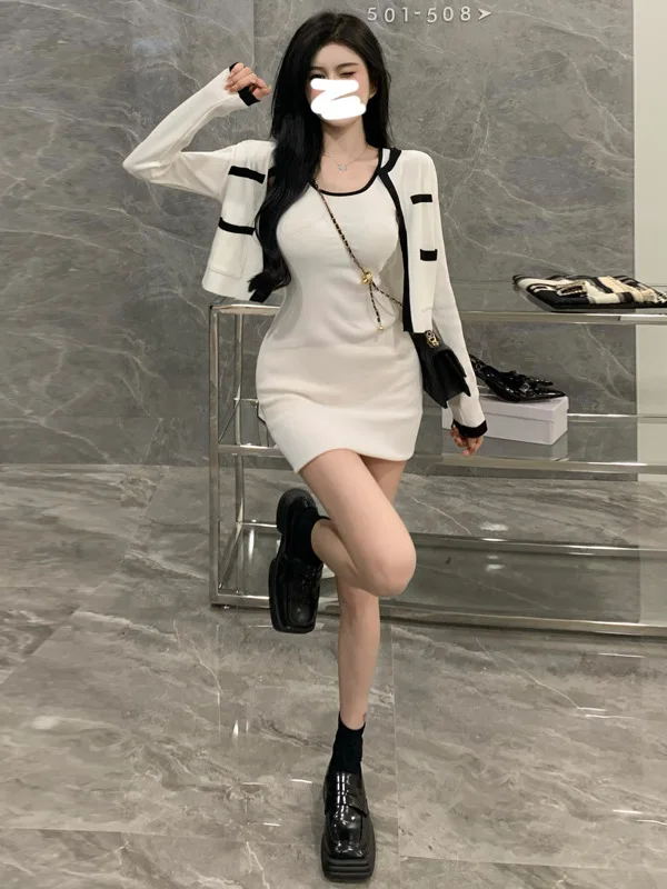 2023 Spring Autumn New Women\'s Sexy Temperament Knitted Cardigan Coat Slim Wrap Hip Tank Top Dress Fashion Two Piece Set WHH4