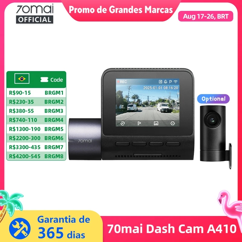 70mai Dash Cam A410 True 2.5K HDR Dual Channel Suportado F1.55 Abertura GPS 24H Estacionamento Max 256GB Carro DVR 70mai A410 70mai A400