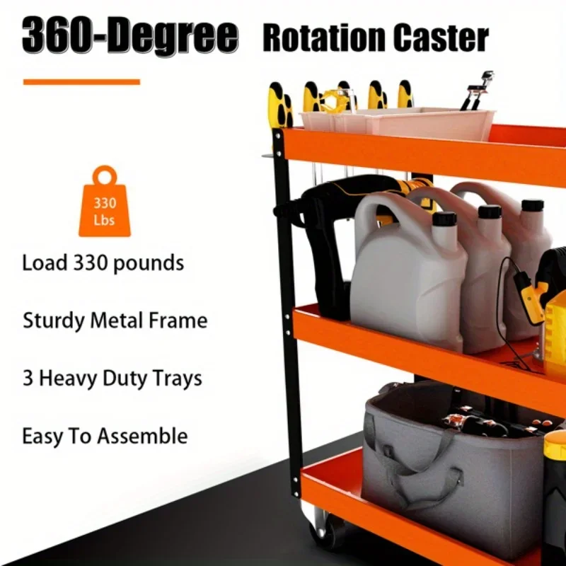 Keranjang alat mekanis bergulir 3 tingkat tugas berat dengan sistem dan roda yang dapat dikunci, sempurna untuk penggunaan garasi dan gudang