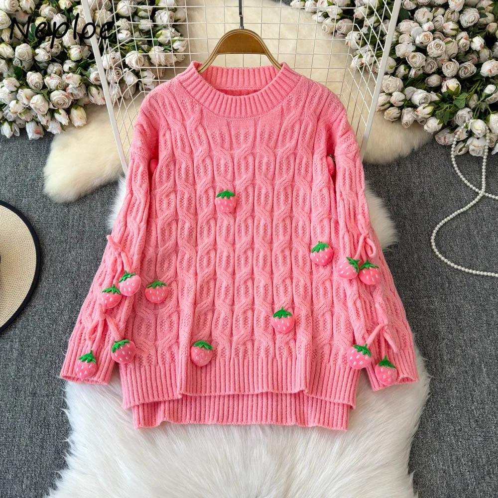 Neploe Sweet Age Reduction Heavy O Neck Long Sleeve Jumper All-match Internet Celebrity Simple Top Knit Strawberry Flower Coat