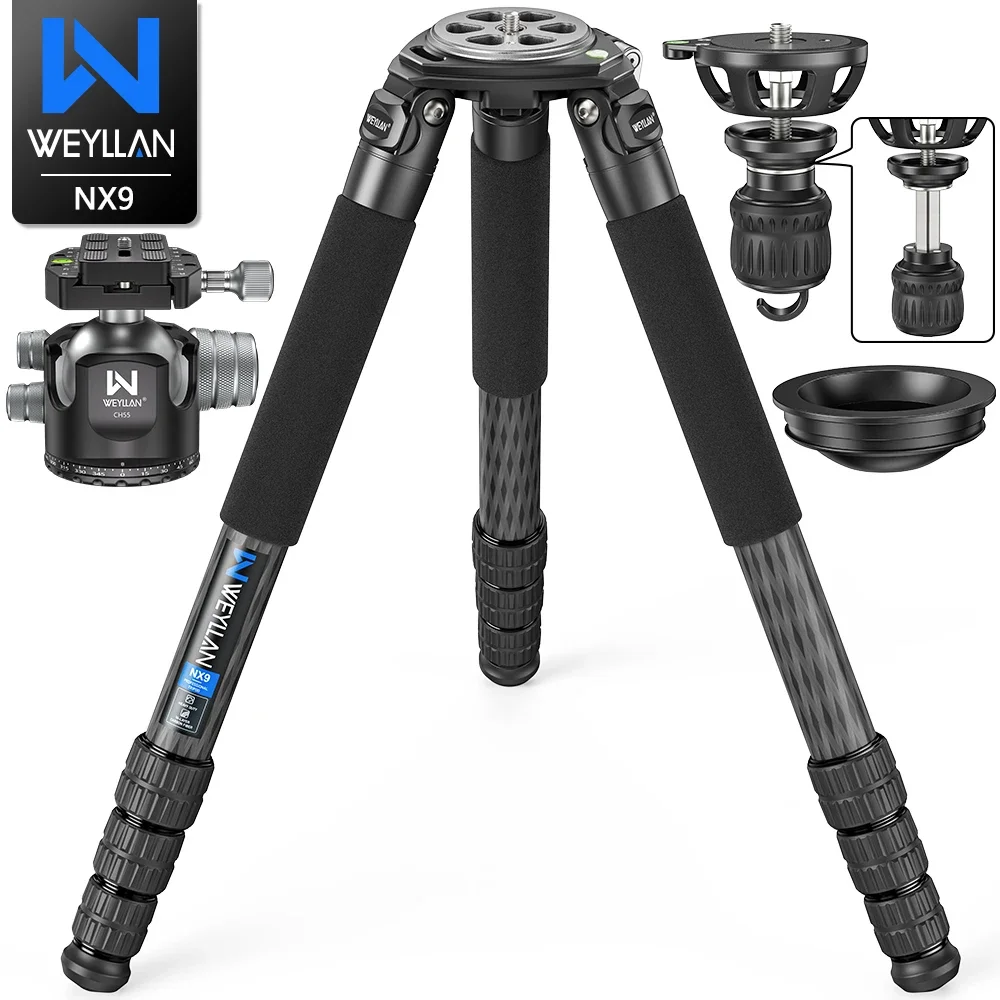 WEYLLAN NX9 Professional Heavy Duty Carbon Fiber Tripod for DSLR Camera 10 Layers 40mm Max Tube 75mm Bowl Adapter Upgraded AS90C