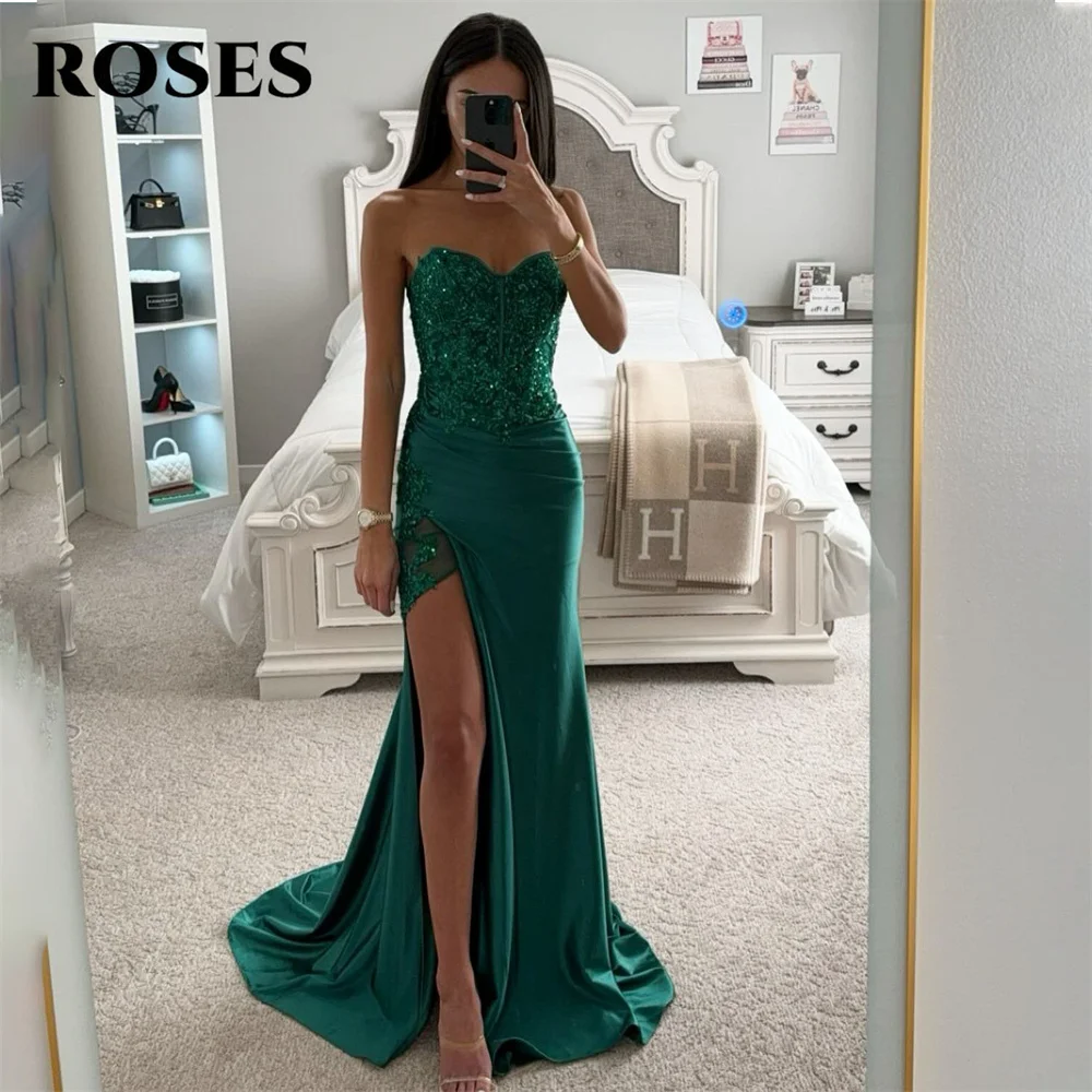 Vestido de noche verde con purpurina para mujer, traje Sexy de sirena con escote Corazón, plisado, sin mangas, abertura lateral