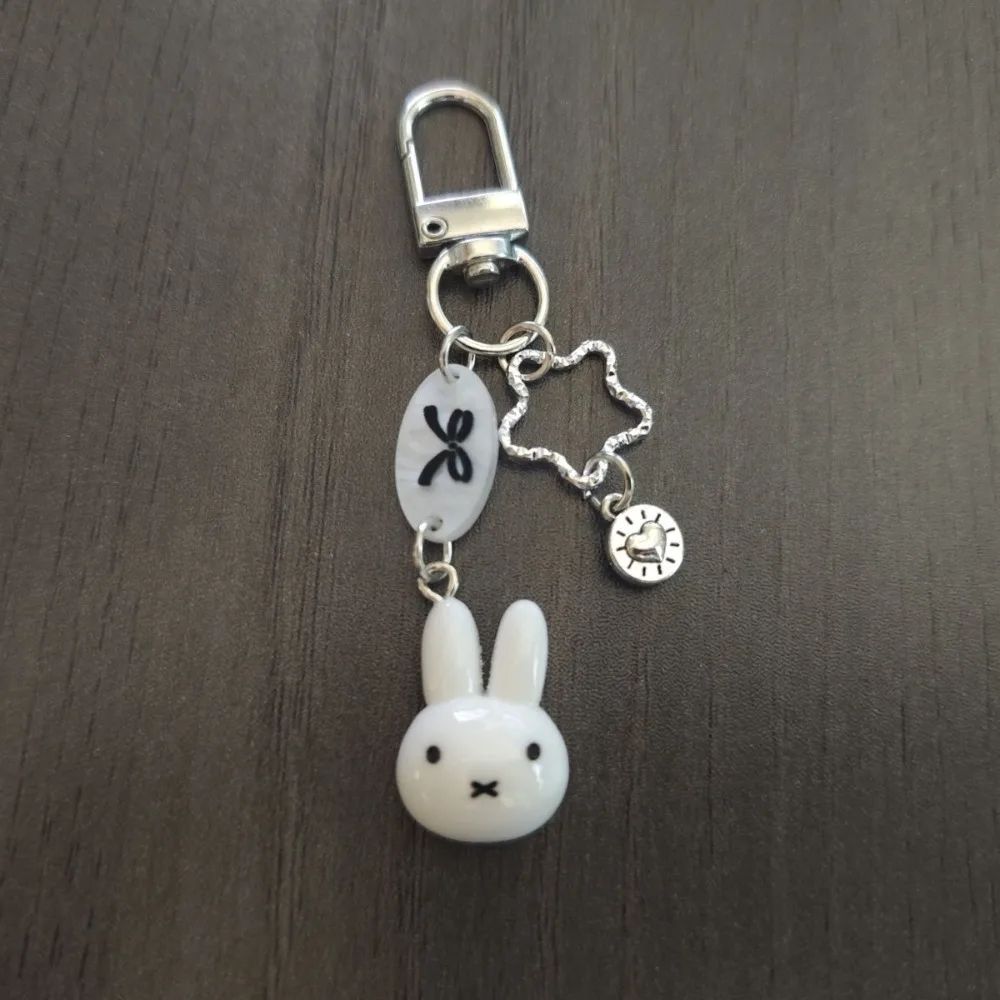 Miffy Rabbit Head Keychain Kawaii Star Heart Metal Charm Pendant Sweet Bag Ornament Backpack Hanging Decor Key Ring Accessories