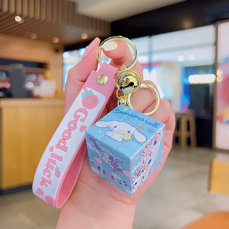 Anime Mini Sanrio Rubik Magic Cube Keychain PVC Sanrio Hello Kitty Cinnamoroll Kuromi Keychain Key Ring Backpack Accessories Jew