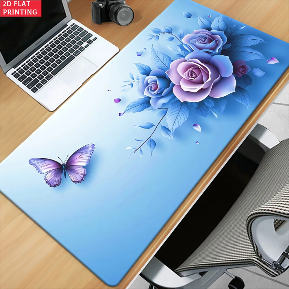 Brand XXL Iron Art Mouse Pad Blue Floral 2D Flat Design Non-Slip Rubber Base For Desk Gaming Office Decoration Computer
