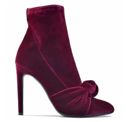 

Size 46 Burgundy Velvet Knotted Front Round Toe Slip On Thin Heels Ankle Boots Women Fashion Banquet Strentch Short Booties Shoe