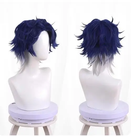 Peruca sintética curta reta azul e cinza mista, Game Anime Cosplay Hair para festa