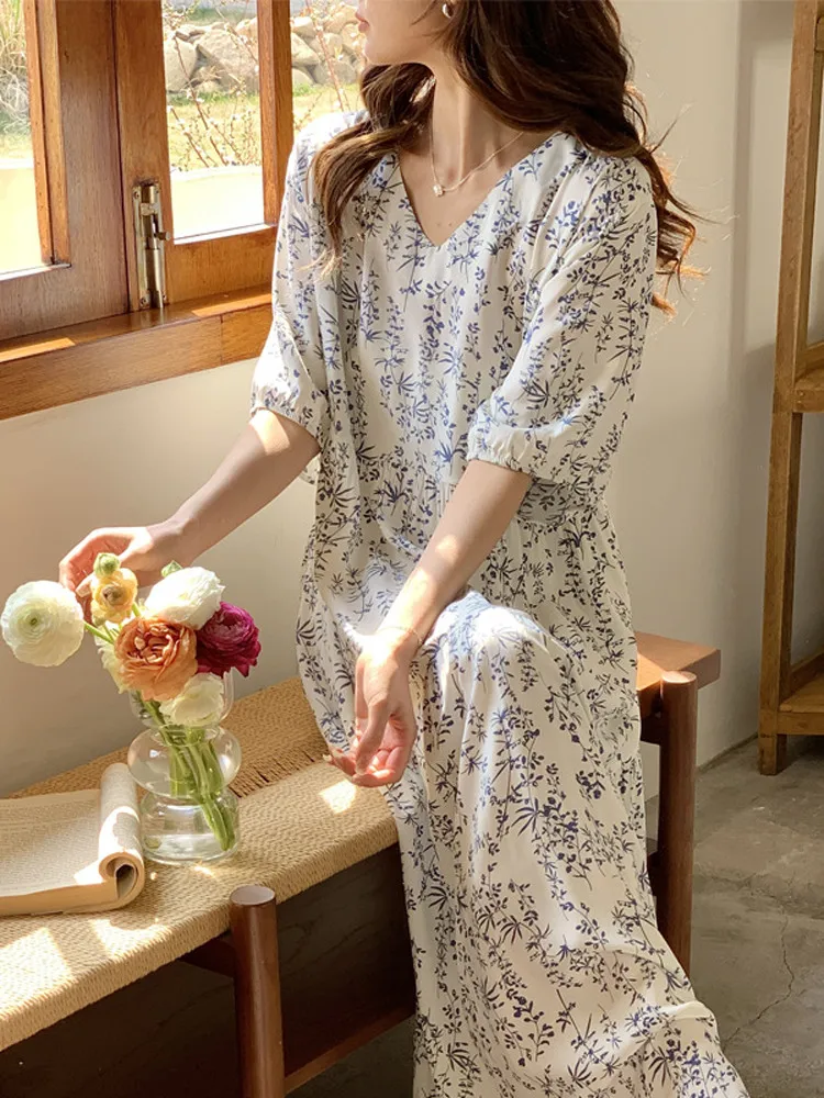 Ladies Cotton Silk Sleep Dress Loose plus Size Maternity Dress Summer Thin Home Clothes Mid-Length V-Neck Print Gown