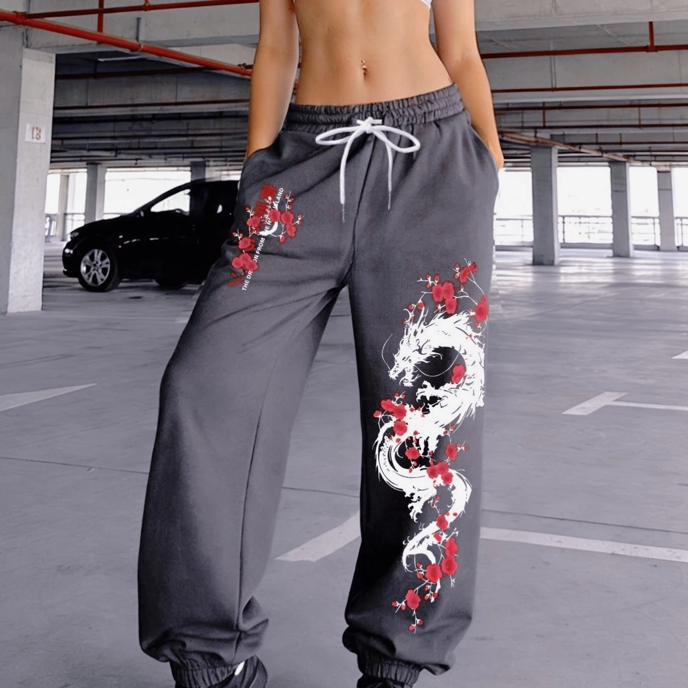 Japanische Sakura-Laufhose für Herren und Damen, weißes Drachen- und Sakura-Muster, 3D-Freizeithose, lange, lockere Sport-Fitnesshose – Detail 6