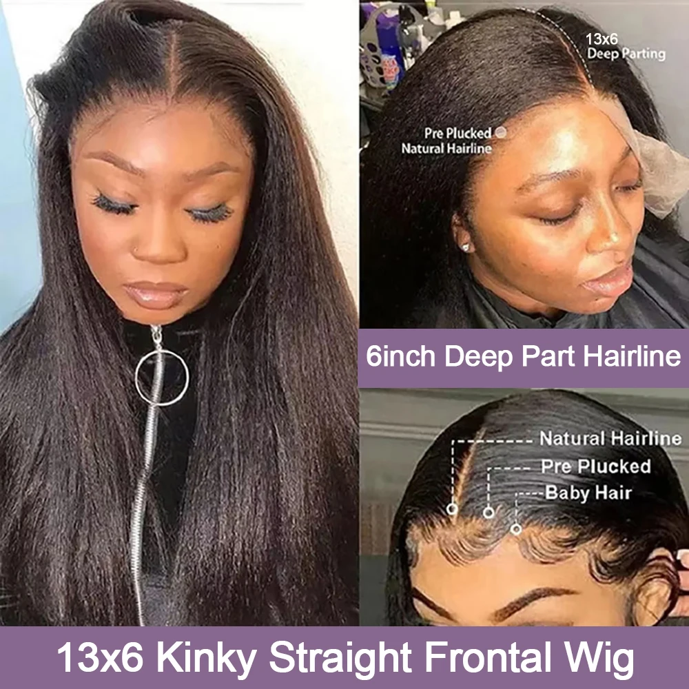 250 Density Black Yaki Straight Human Hair Wigs 13x6 HD Lace Frontal Kinky Straight Wig 7×5 Glueless Brazilian 360 Full Lace view 2