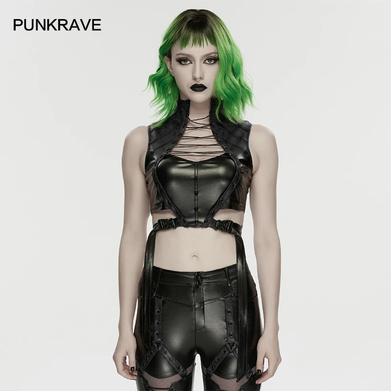 PUNK RAVE Women's Cyberpunk Personalized Drawstring Design Top Adjust Waist Buckle Sexy Cool Handsome Tank Two Colors