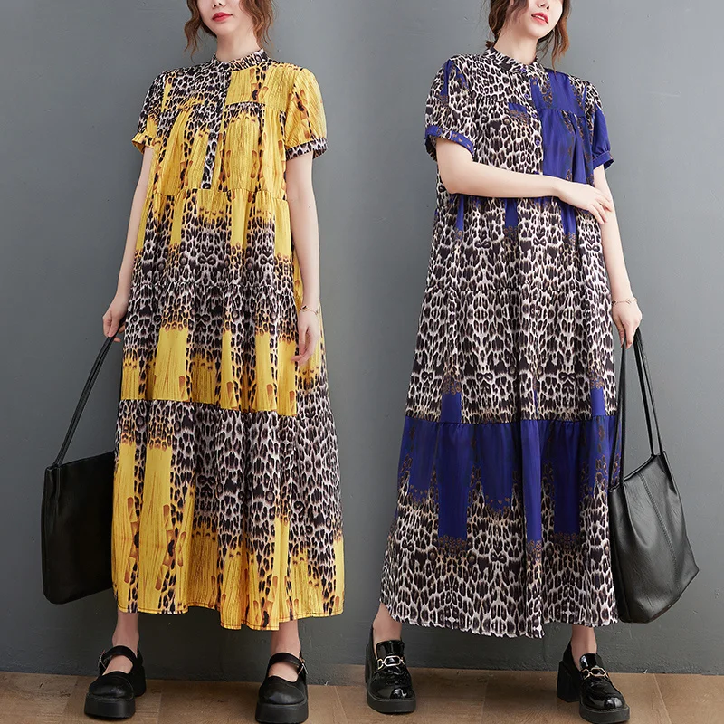 

#6764 Blue Yellow Leopard Long Shirt Dress Women Stand Collar Printed Office A-line Split Joint Vintage Dress Women Short Sleeve